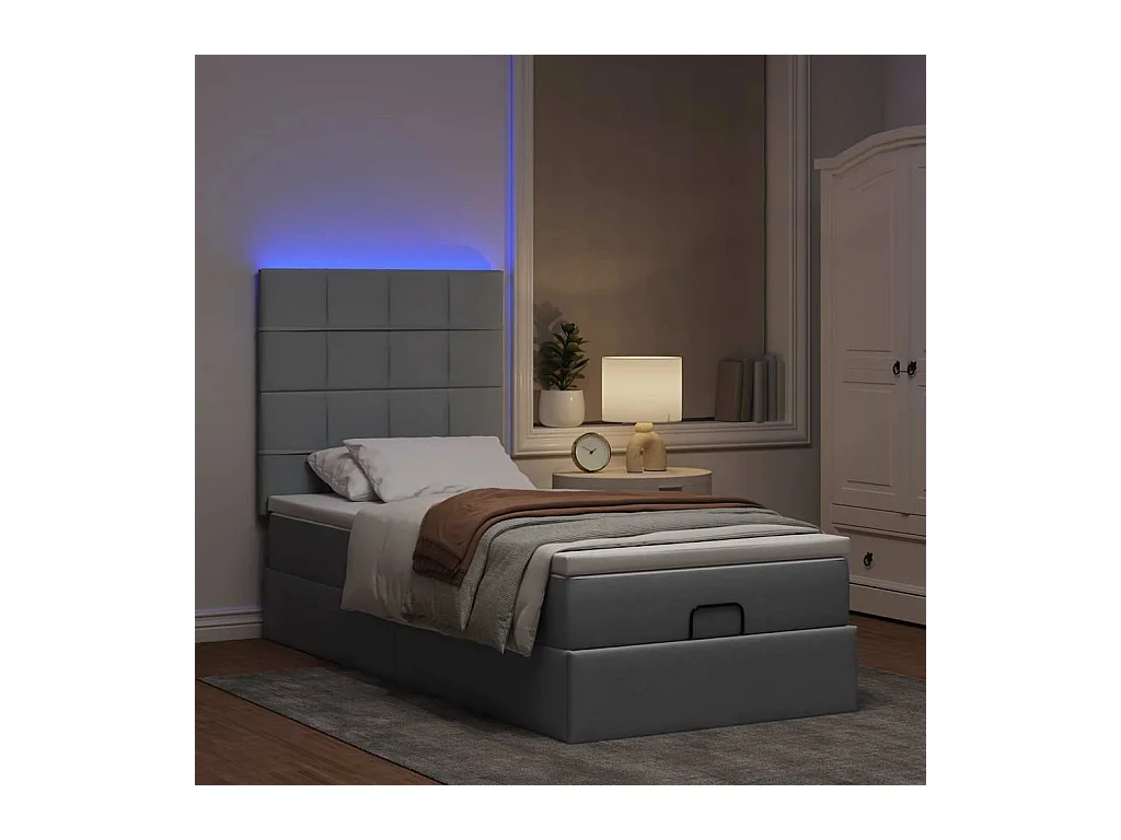 Ottoman-Bett mit Matratze & LEDs Hellgrau 90x190 cm Stoff