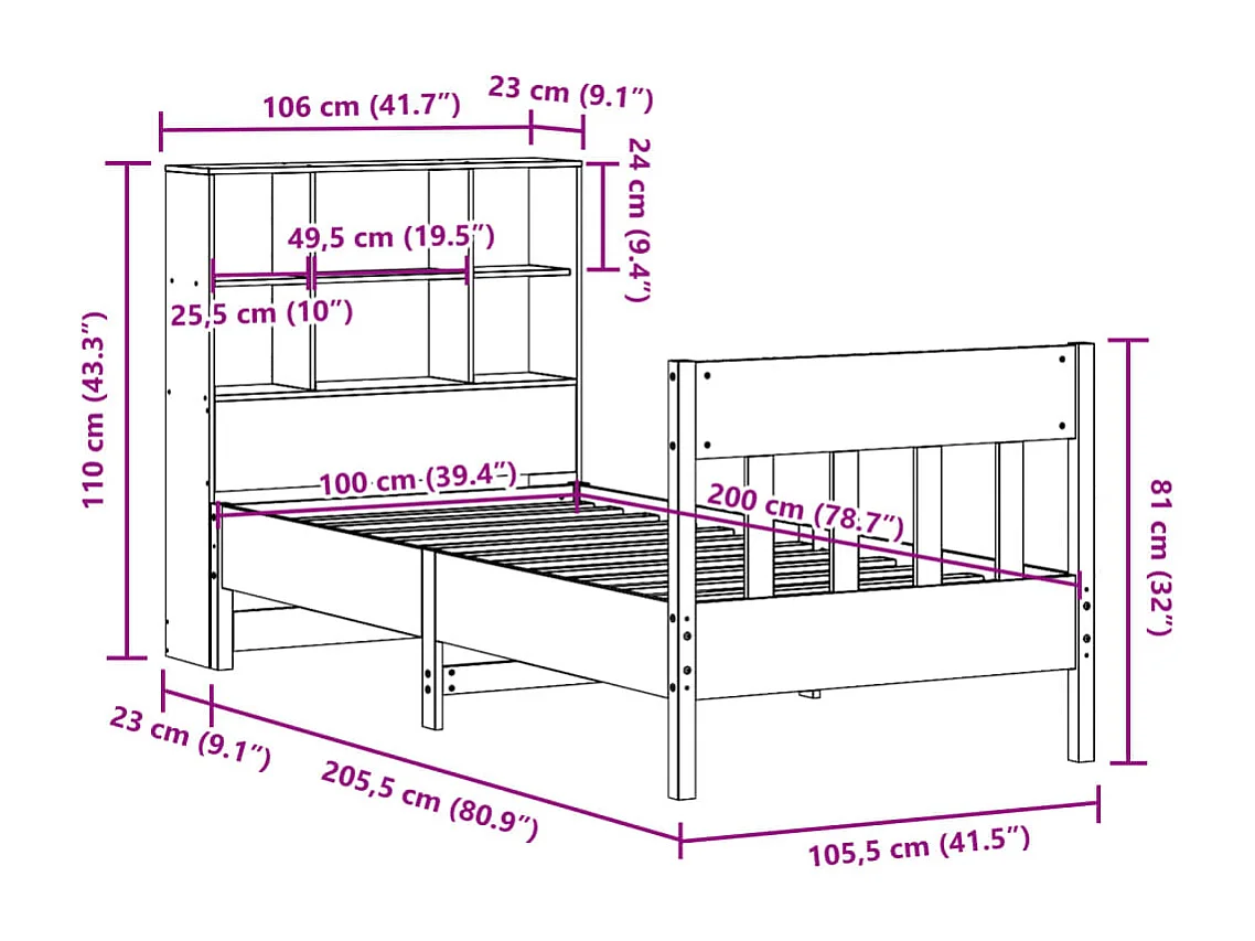 Cadre de lit sans matelas cire marron 100x200cm bois pin massif