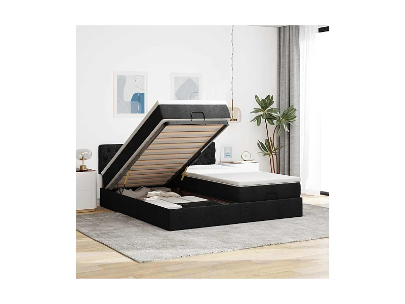 Struttura Letto Pouf con Materassi Nero 160x200 cm in Tessuto