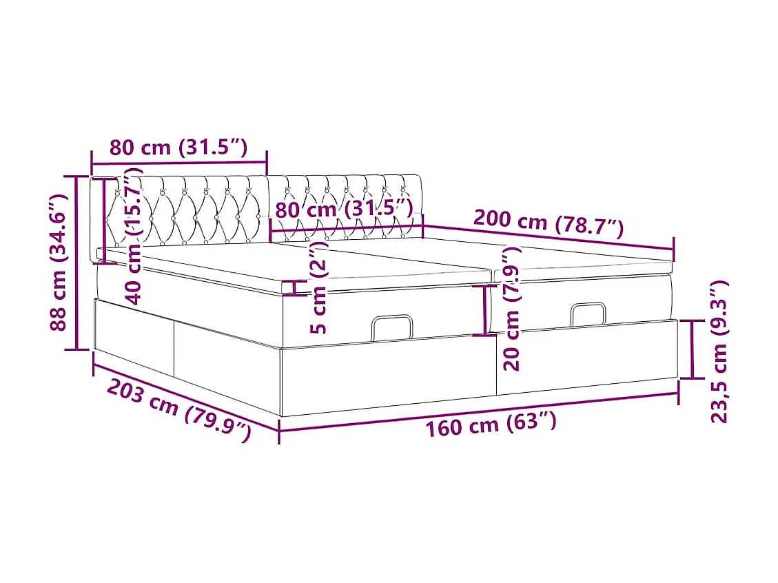 Struttura Letto Pouf con Materassi Nero 160x200 cm in Tessuto