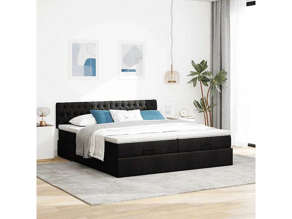 Struttura Letto Pouf con Materassi Nero 160x200 cm in Tessuto