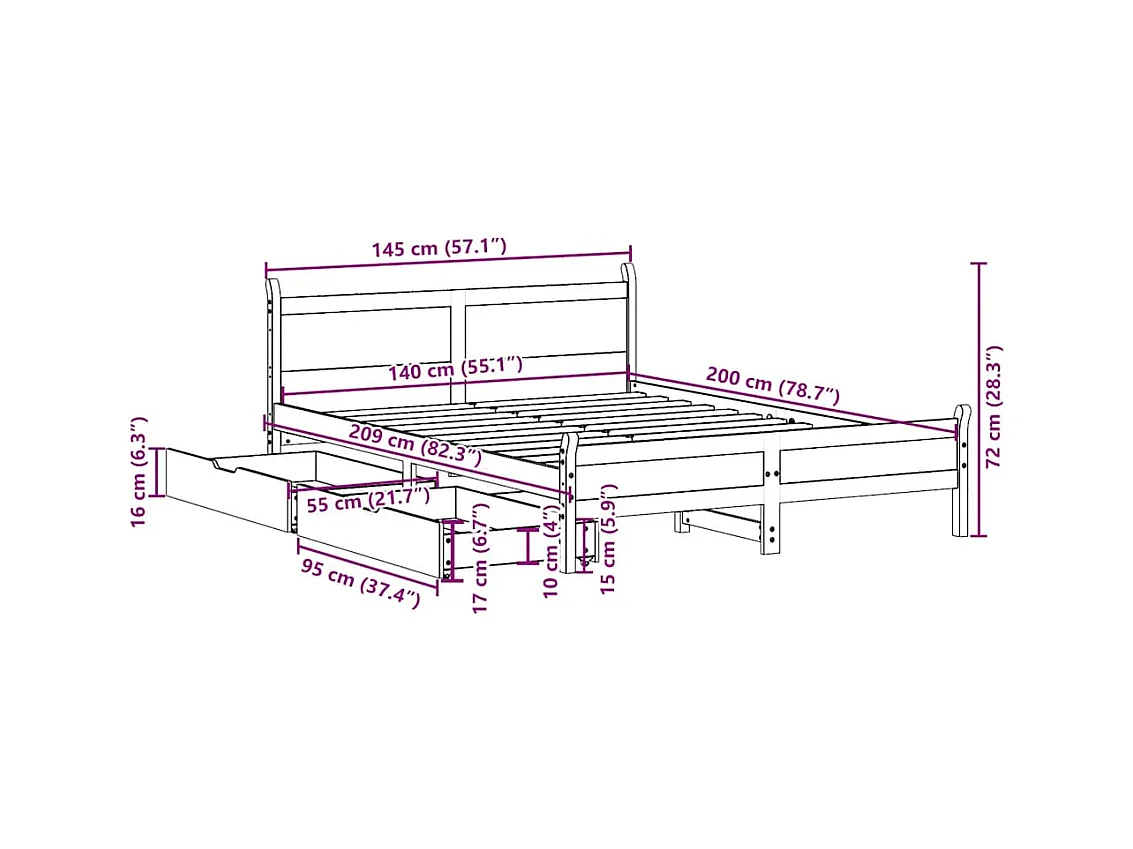 Cadre de lit sans matelas 140x200 cm bois massif de pin