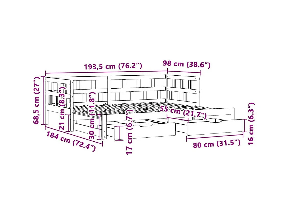 Letto Estraibile con Cassetti senza Materasso Bianco 90x190 cm