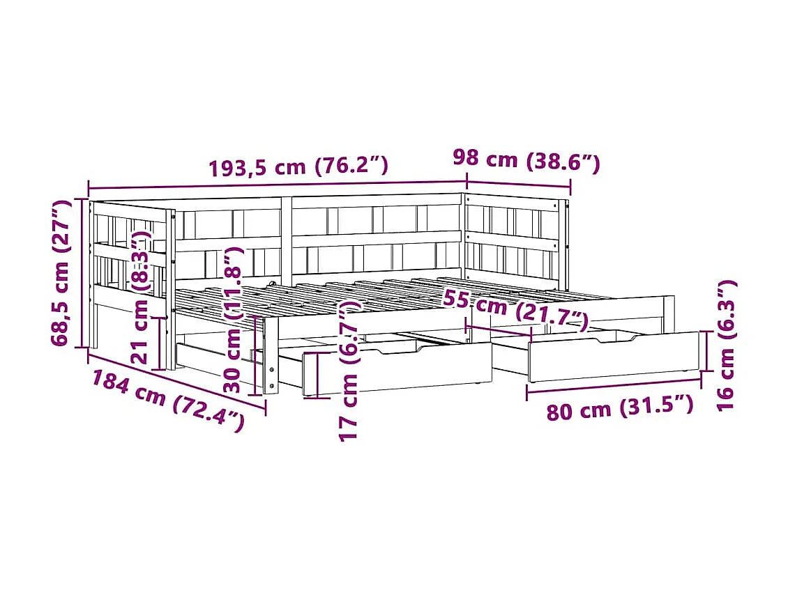 Tagesbett Ausziehbar mit Schubladen ohne Matratze Weiß 90x190cm