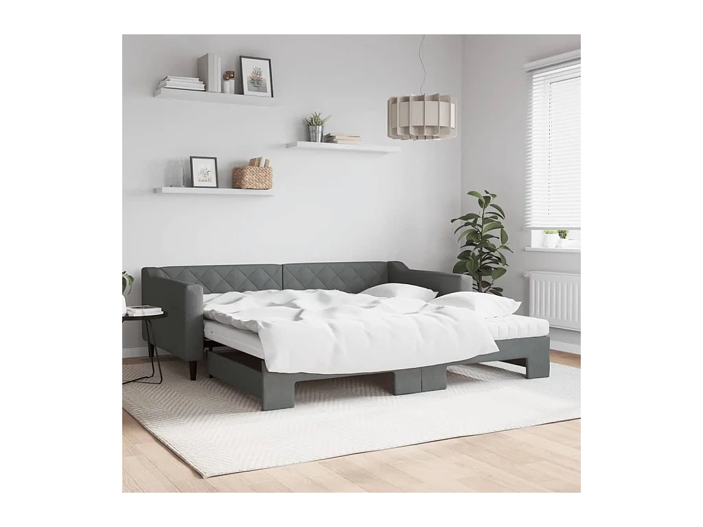 Lit de jour avec gigogne et matelas gris foncé 100x200 cm tissu