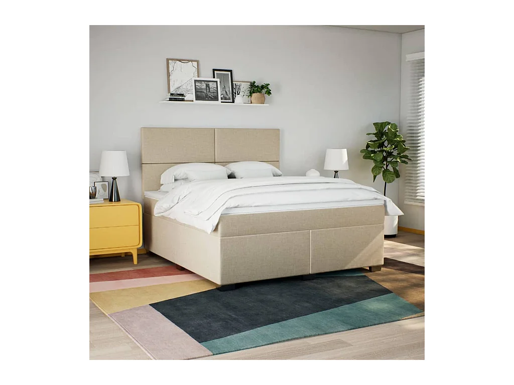 Cama box spring con colchón tela color crema 180x200 cm