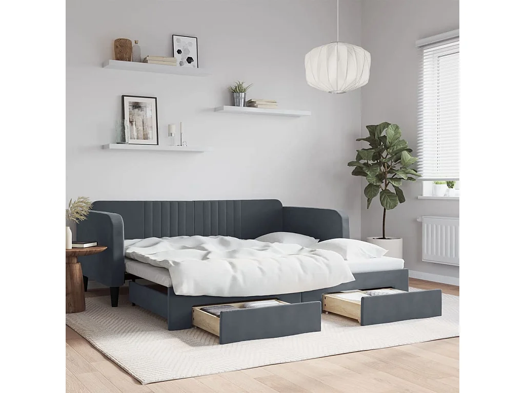 Tagesbett Ausziehbar mit Schubladen Dunkelgrau 90x190 cm Samt
