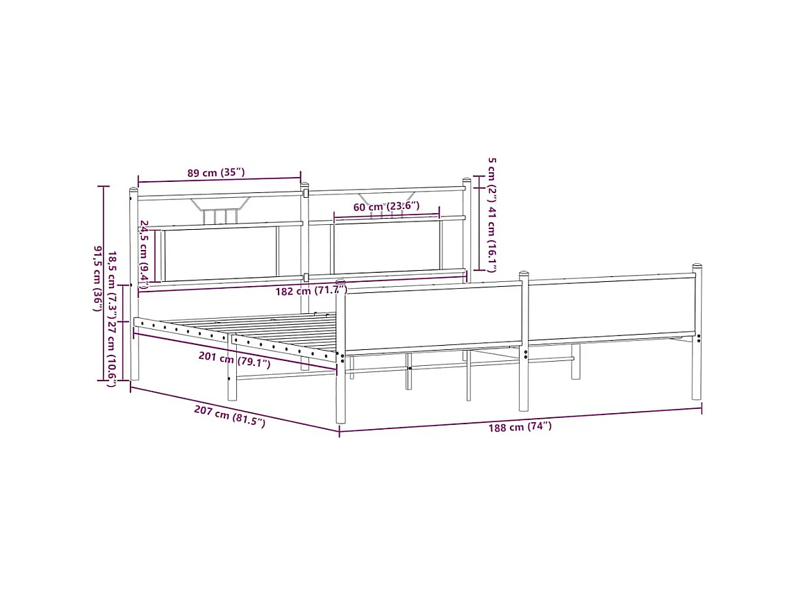 Giroletto senza Materaso in Metallo Rovere Fumo 180x200 cm