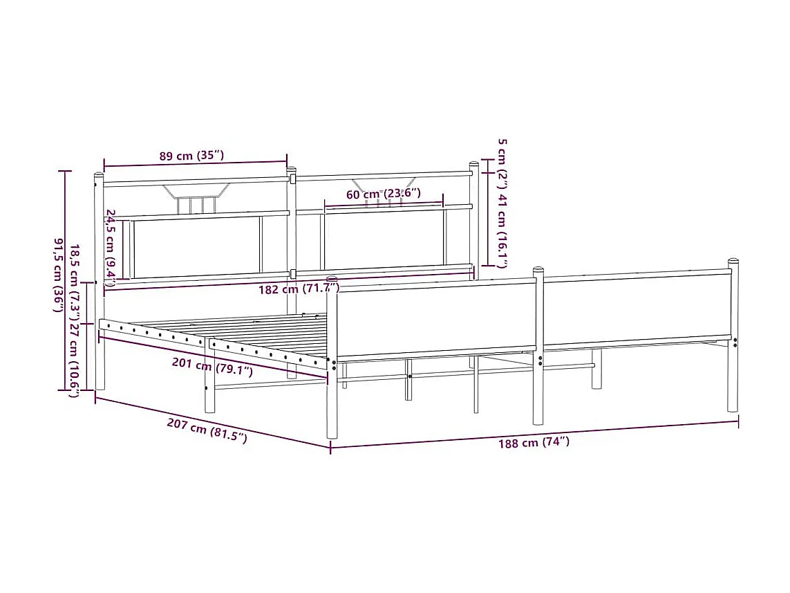 Cadre de lit en métal sans matelas chêne fumé 180x200 cm