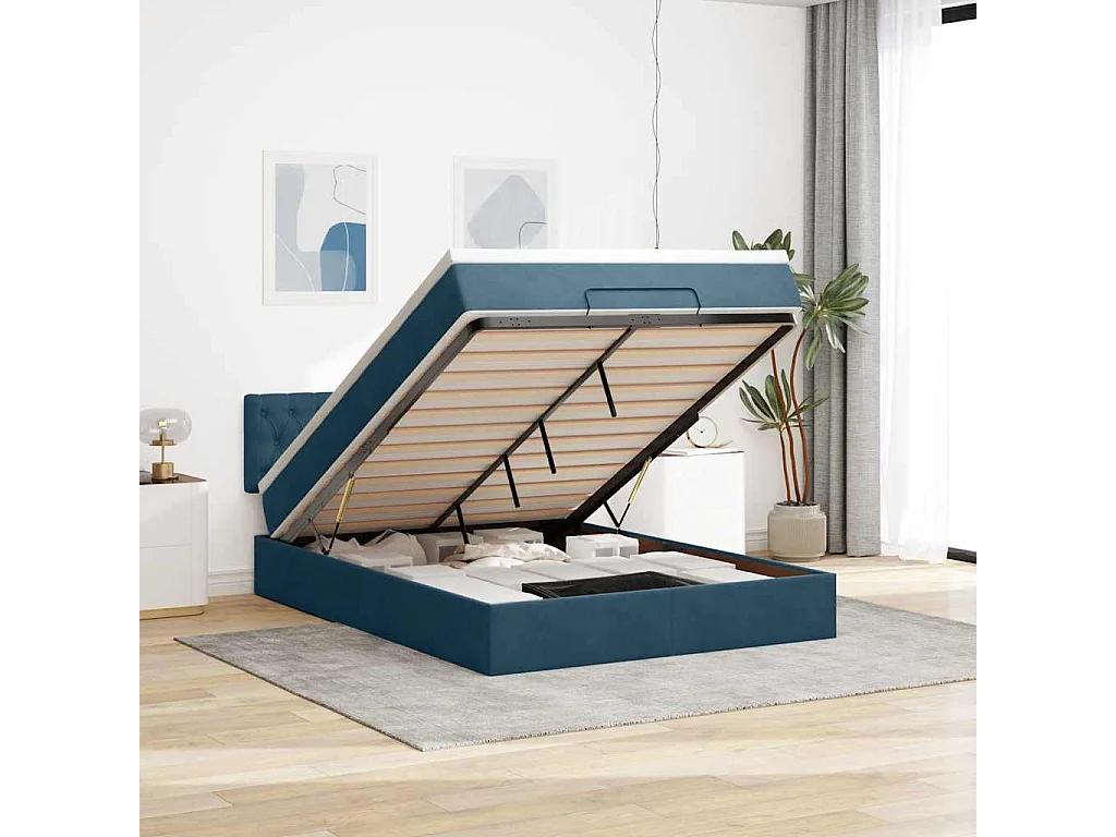 Ottoman-Bett mit Matratze & LEDs Dunkelblau 140x190 cm Samt