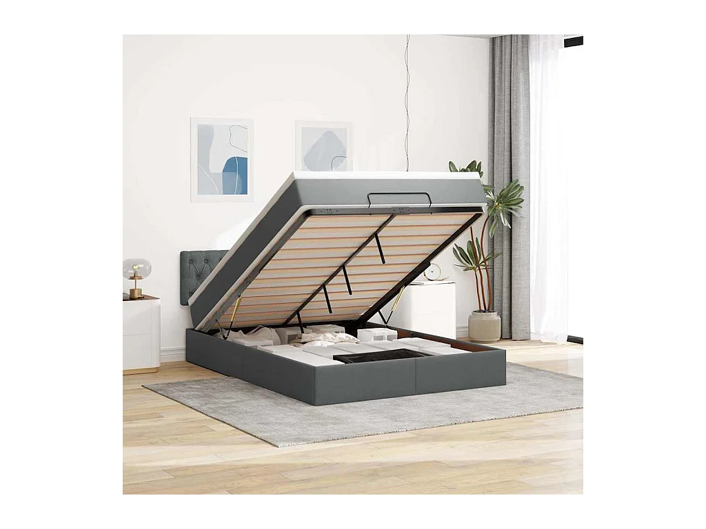 Lit ottoman avec matelas et LED gris foncé 140x190 cm tissu