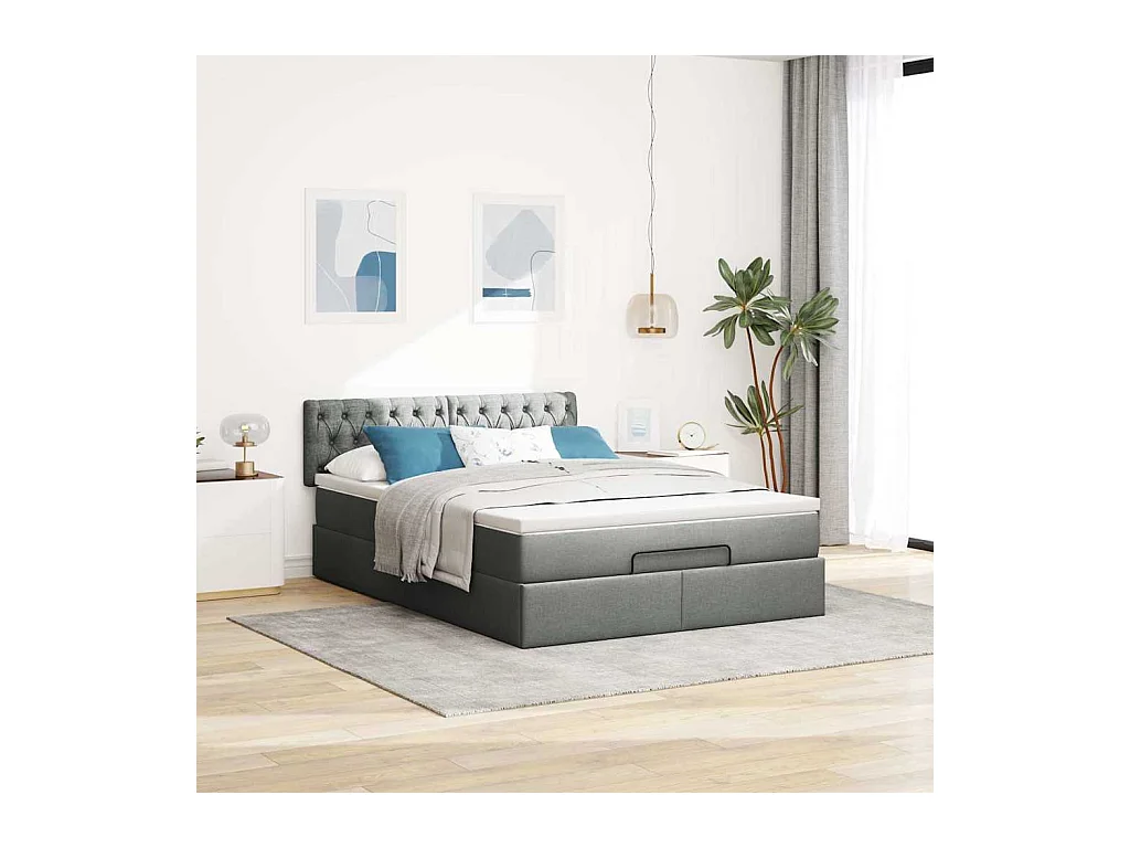 Lit ottoman avec matelas et LED gris foncé 140x190 cm tissu