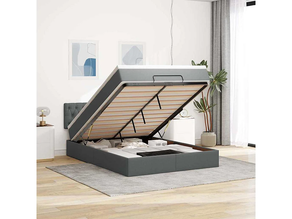Lit ottoman avec matelas et LED gris foncé 140x190 cm tissu