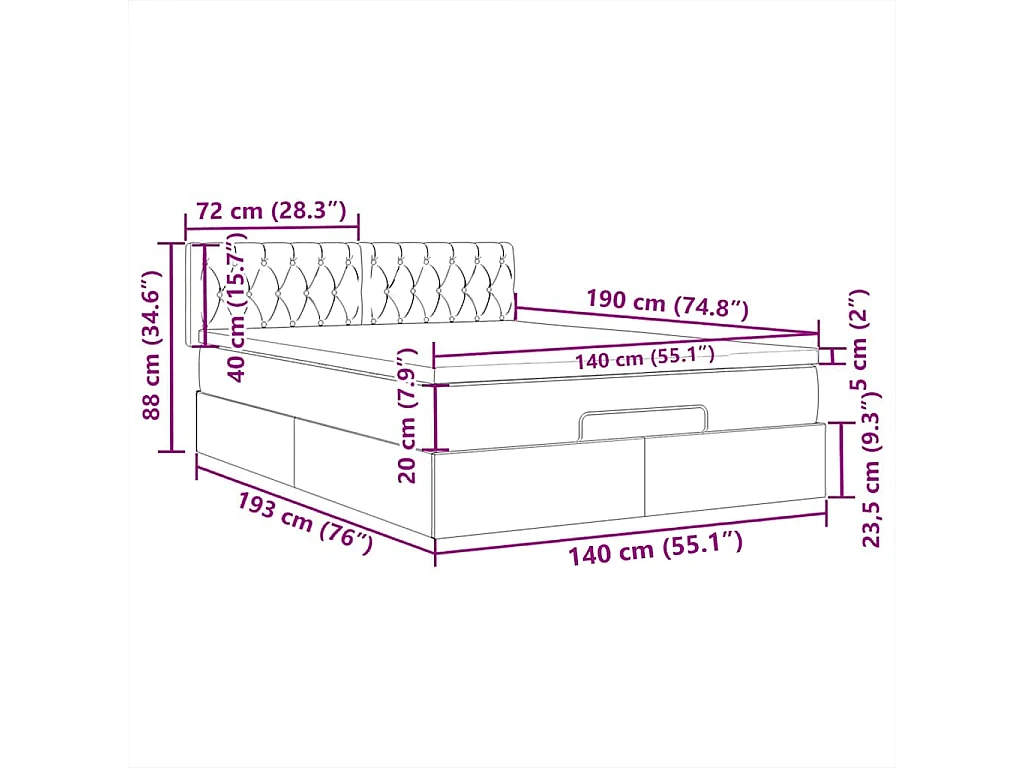 Lit ottoman avec matelas et LED gris foncé 140x190 cm tissu