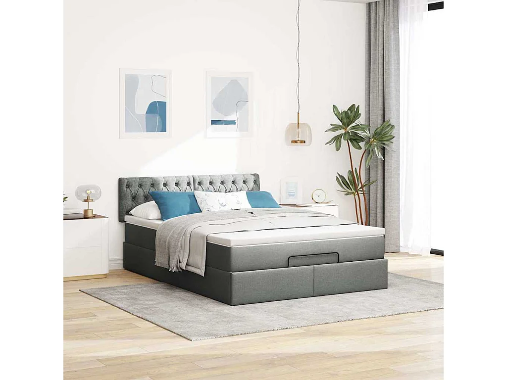 Lit ottoman avec matelas et LED gris foncé 140x190 cm tissu