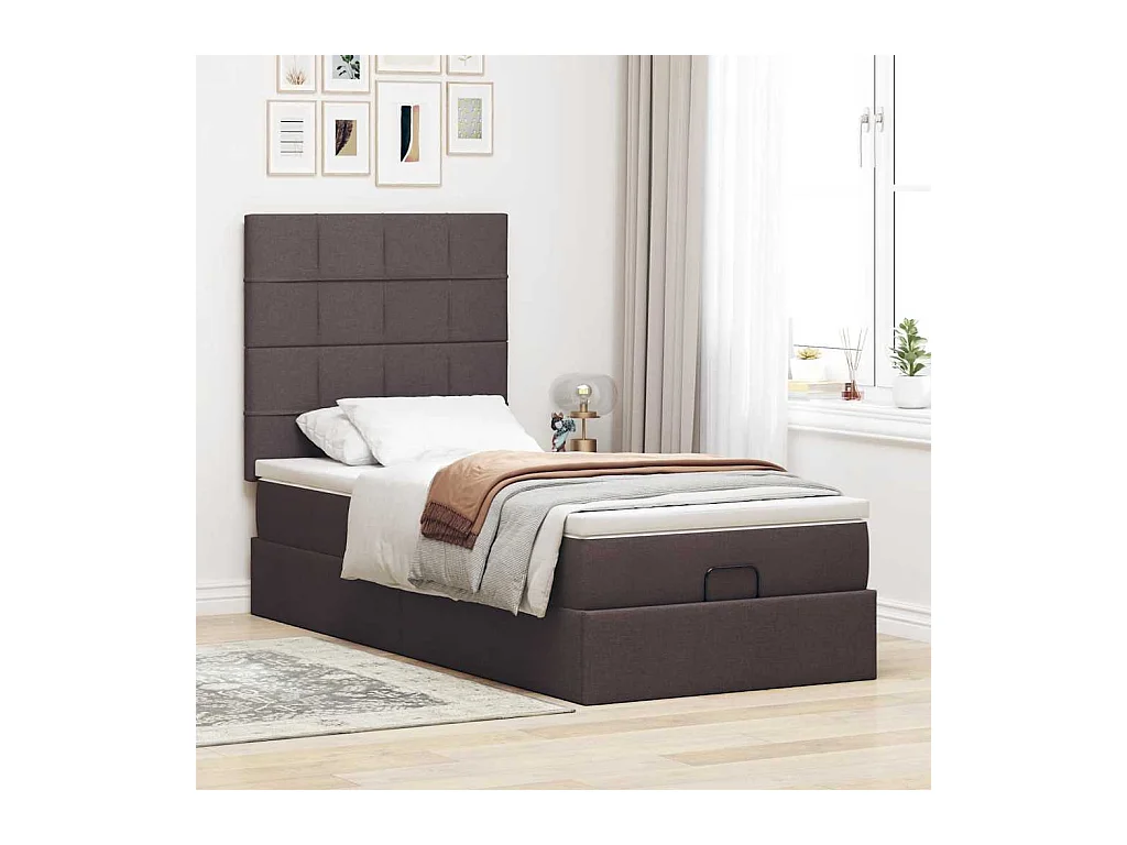 Cadre de lit ottoman avec matelas marron foncé 100x200 cm tissu