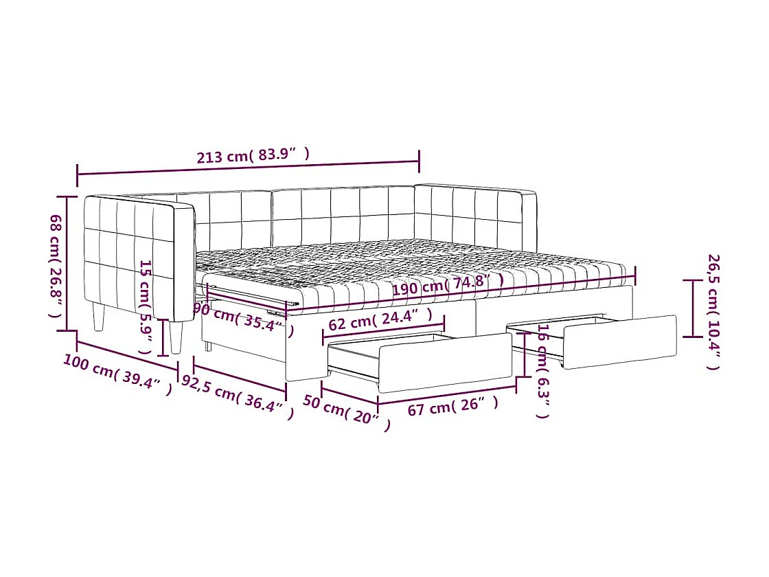 Lit de jour avec gigogne et tiroirs gris foncé 90x190cm velours