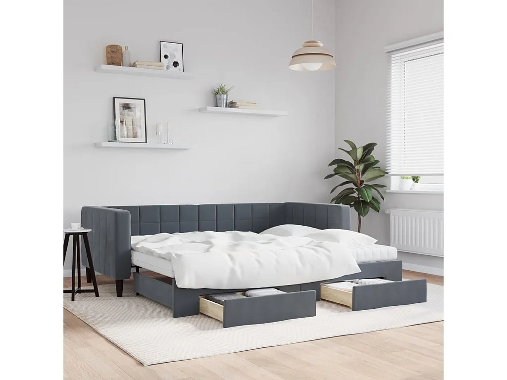 Slaapbank onderschuifbed en lades 90x190 cm fluweel donkergrijs
