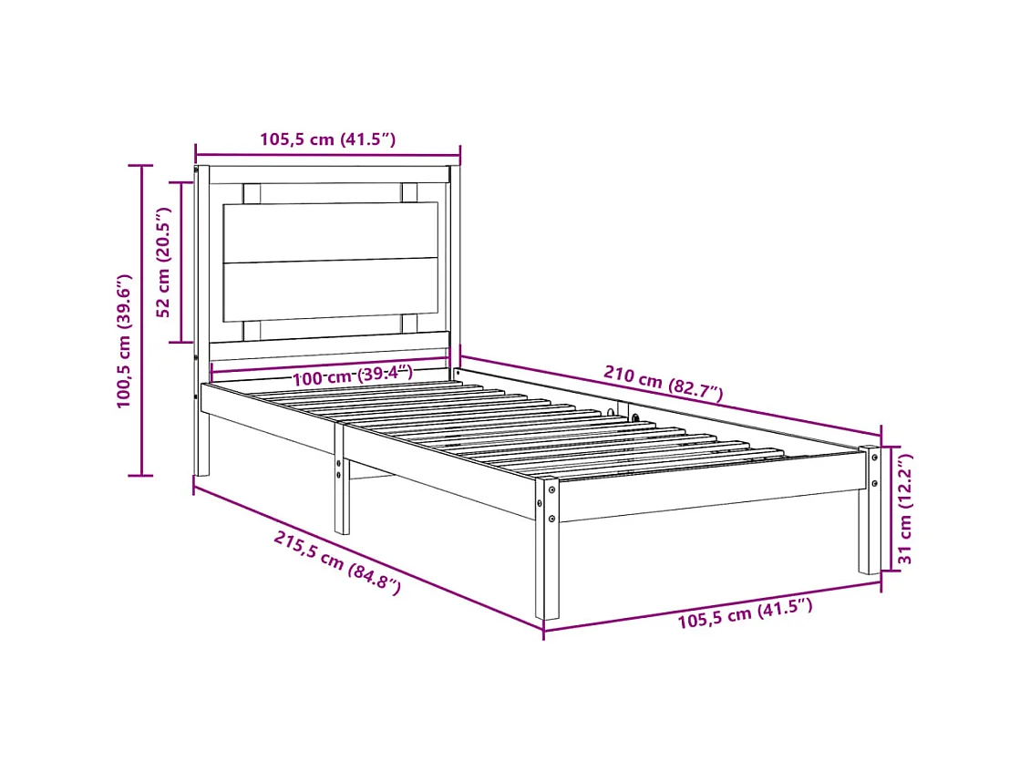 Massivholzbett Extra Lang ohne Matratze 100x210 cm
