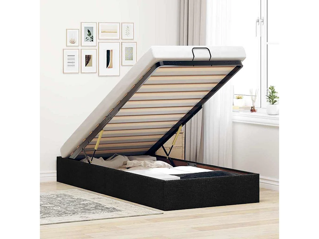 Estructura cama otomana sin colchón tela negra 90x190 cm