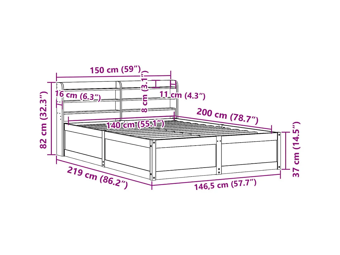 Cadre de lit et tête de lit cire marron 140x200 cm bois de pin