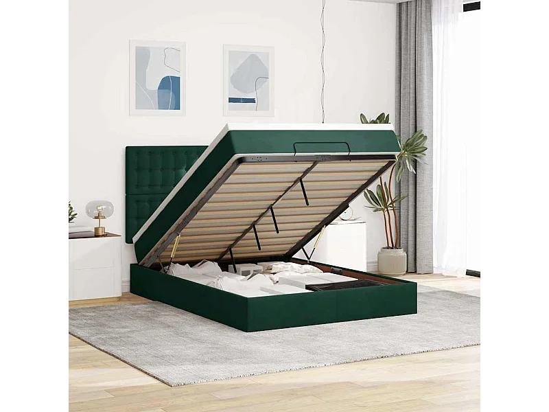 Cadre de lit ottoman avec matelas vert foncé 160x200 cm velours