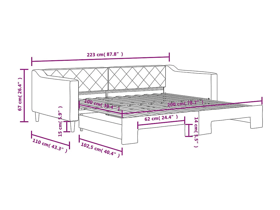 Tagesbett Ausziehbar Schwarz 100x200 cm Stoff