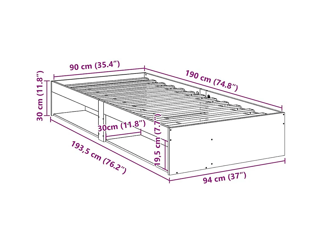 Lit de jour sans matelas 90x190 cm bois de pin massif