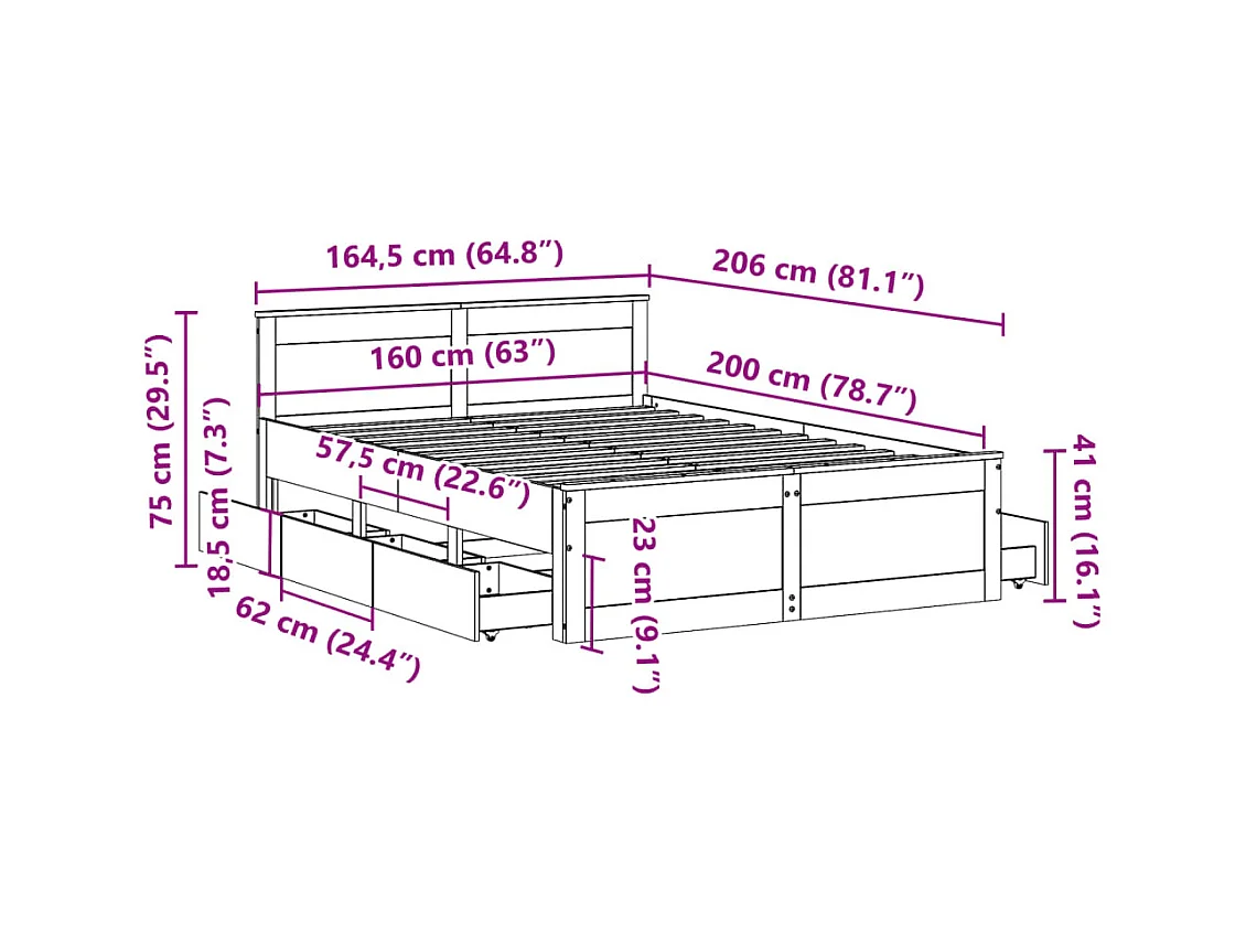 Cadre de lit sans matelas avec tête de lit 160x200cm pin massif