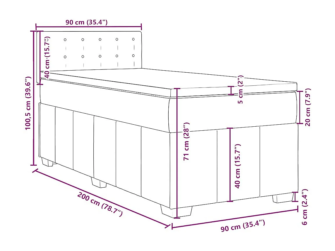 Cama box spring con colchón tela marrón oscuro 90x200 cm