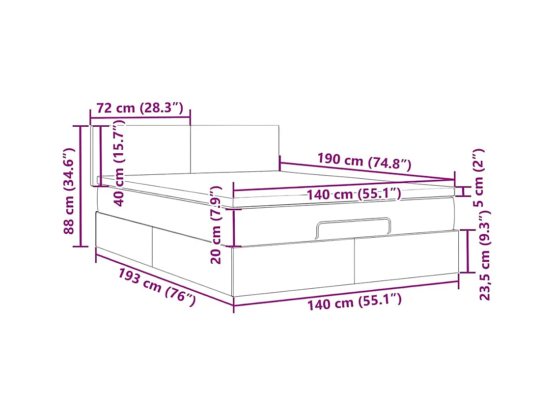 Cadre de lit ottoman et matelas gris clair 140x190 velours