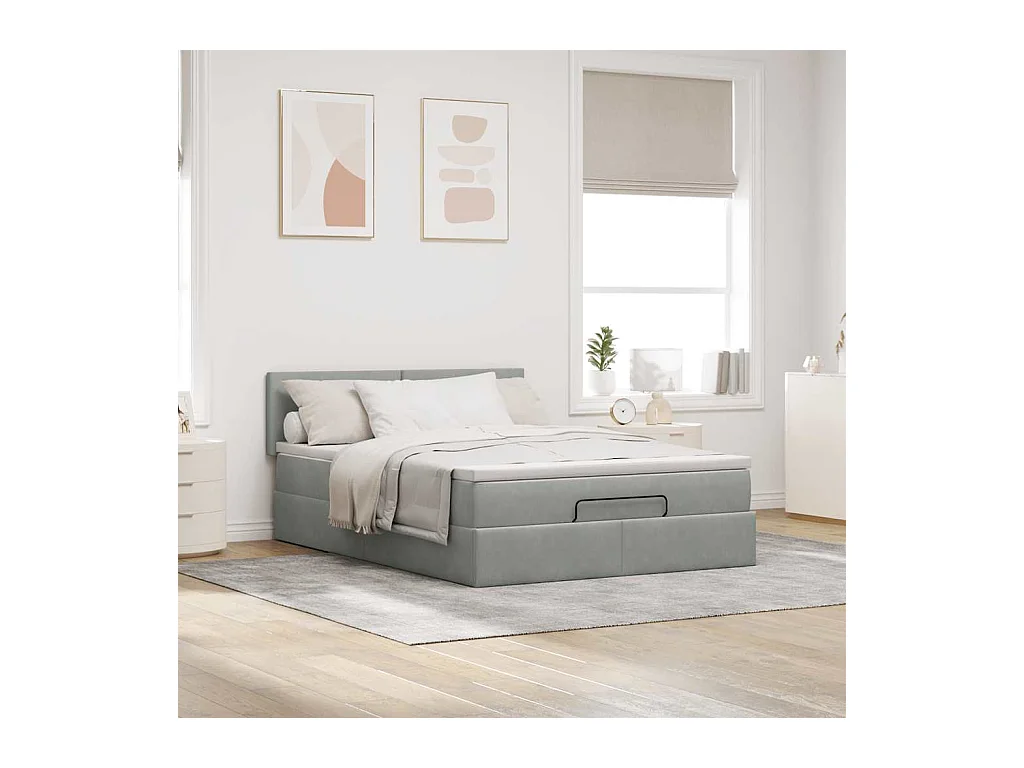 Cadre de lit ottoman et matelas gris clair 140x190 velours
