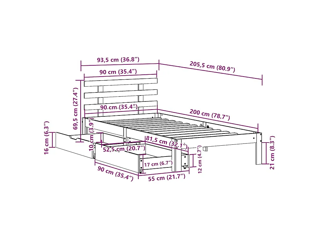 Giroletto con Cassetti Bianco 90x200 cm Legno Massello di Pino