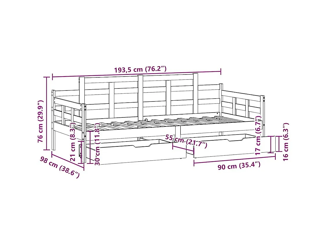 Tagesbett mit Schubladen Weiß 90x190 cm Kiefernholz
