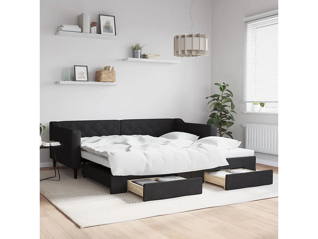 Tagesbett Ausziehbar mit Schubladen Schwarz 100x200 cm Stoff