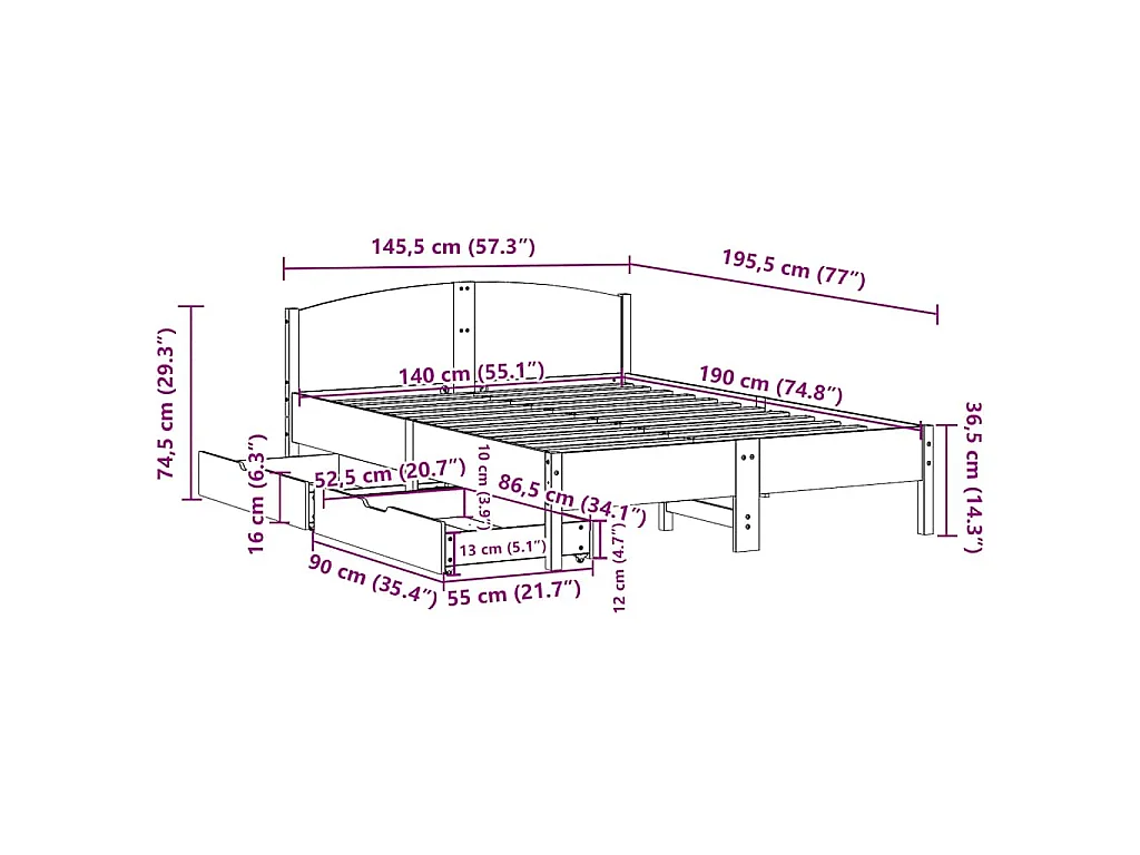 Estructura de cama sin colchón madera de pino blanca 140x190 cm