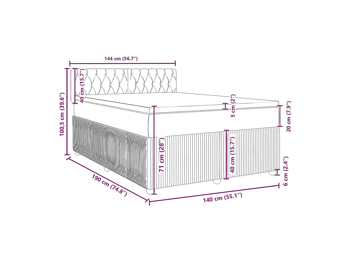 Cama box spring con colchón tela negro 140x190 cm