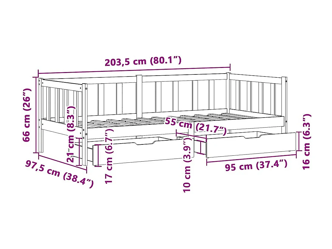 Slaapbank met lades 90x200 cm massief grenenhout