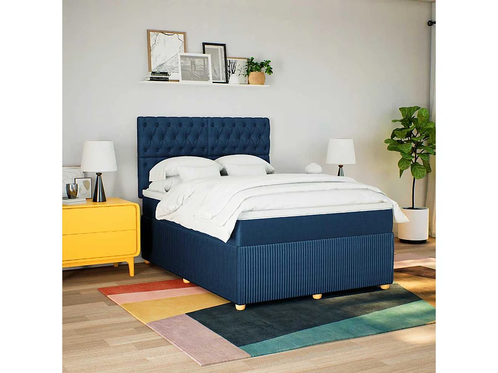 Cama box spring con colchón tela azul 160x200 cm