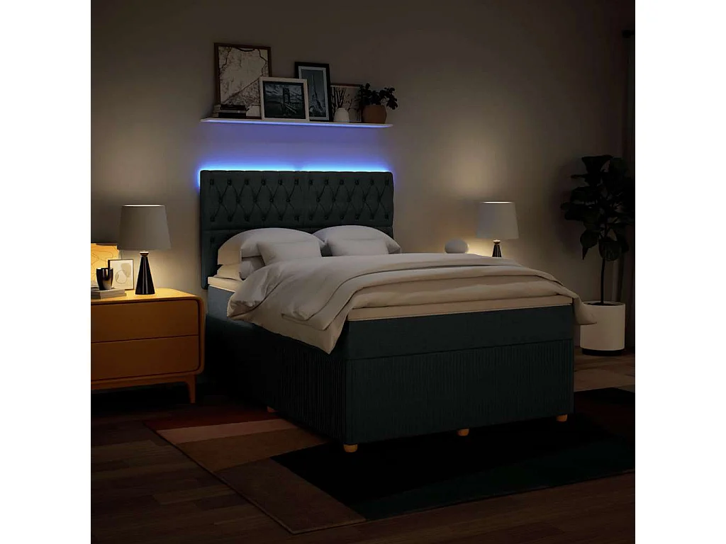 Cama box spring con colchón tela azul 160x200 cm