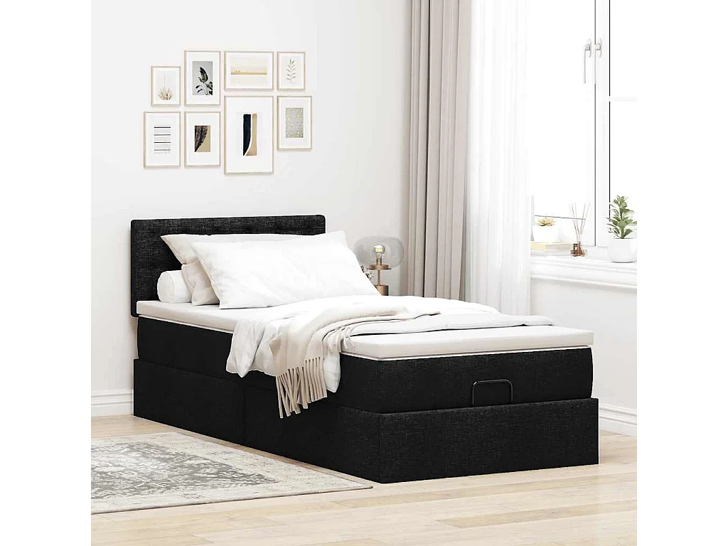 Pouf Letto con Materasso Nero 90x200 cm in Tessuto