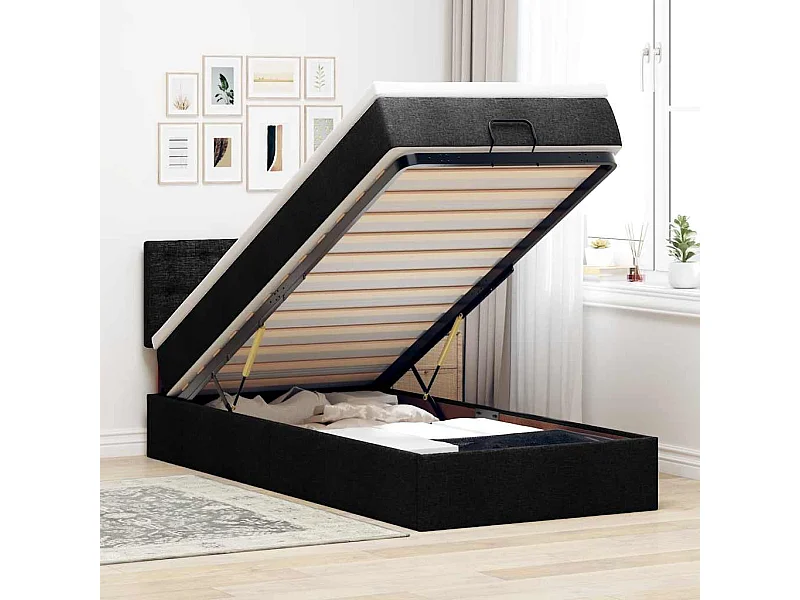 Lit ottoman avec matelas noir 90x200 cm tissu