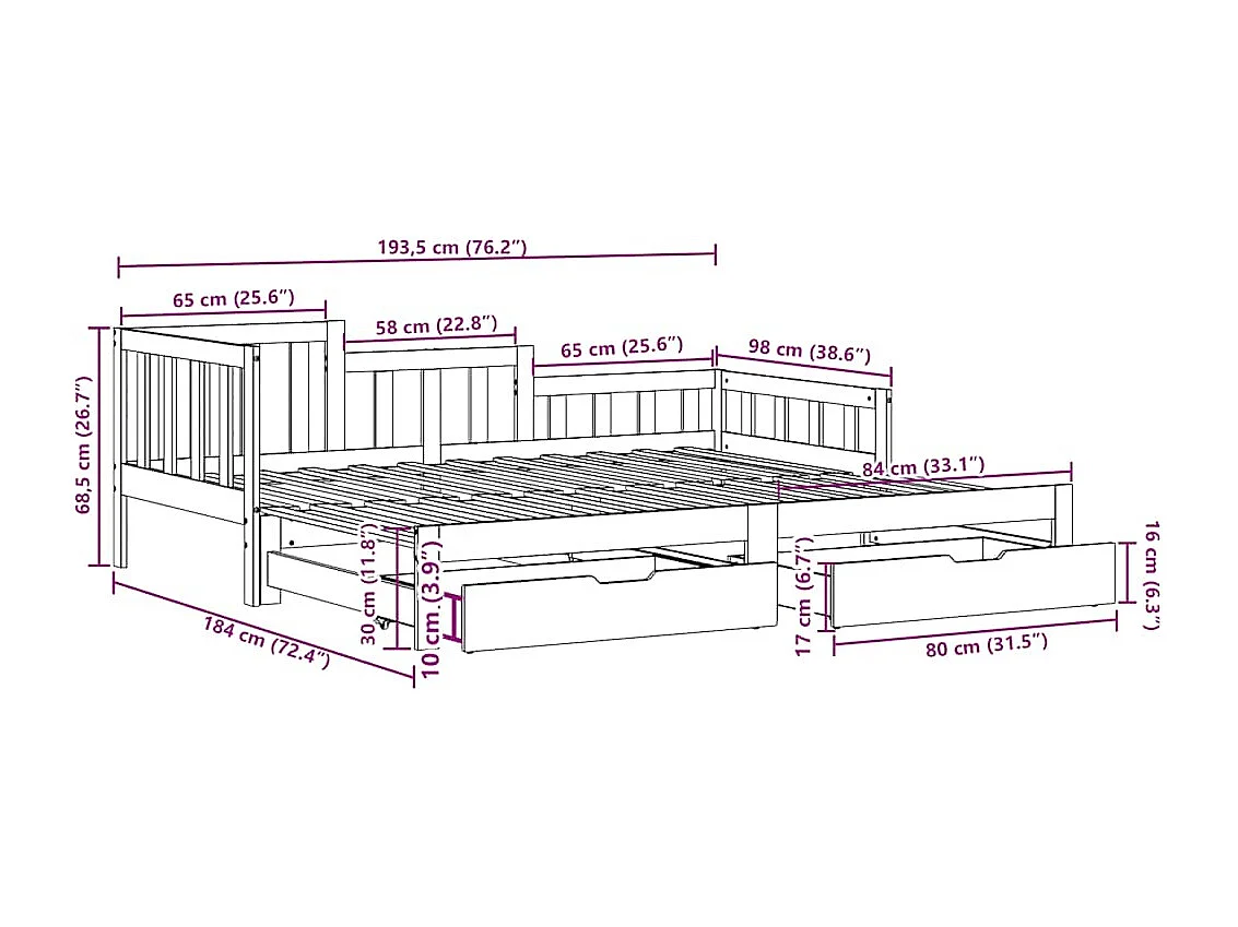 Tagesbett Ausziehbar mit Schubladen ohne Matratze Weiß 90x190cm