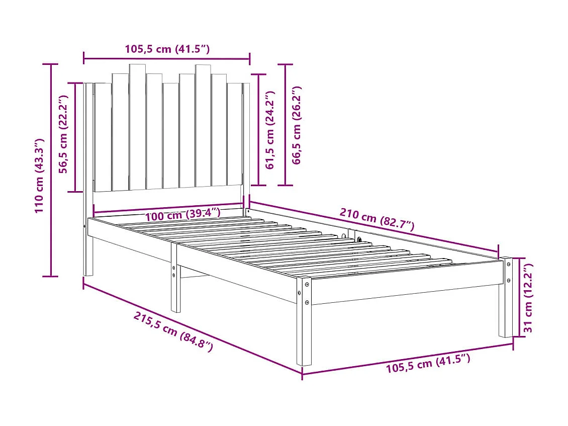 Giroletto Extra Lungo senza Materasso 100x210 cm Legno Massello