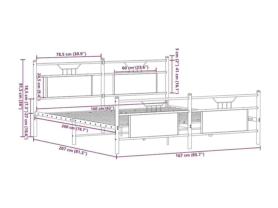Cadre de lit en métal sans matelas chêne sonoma 160x200 cm