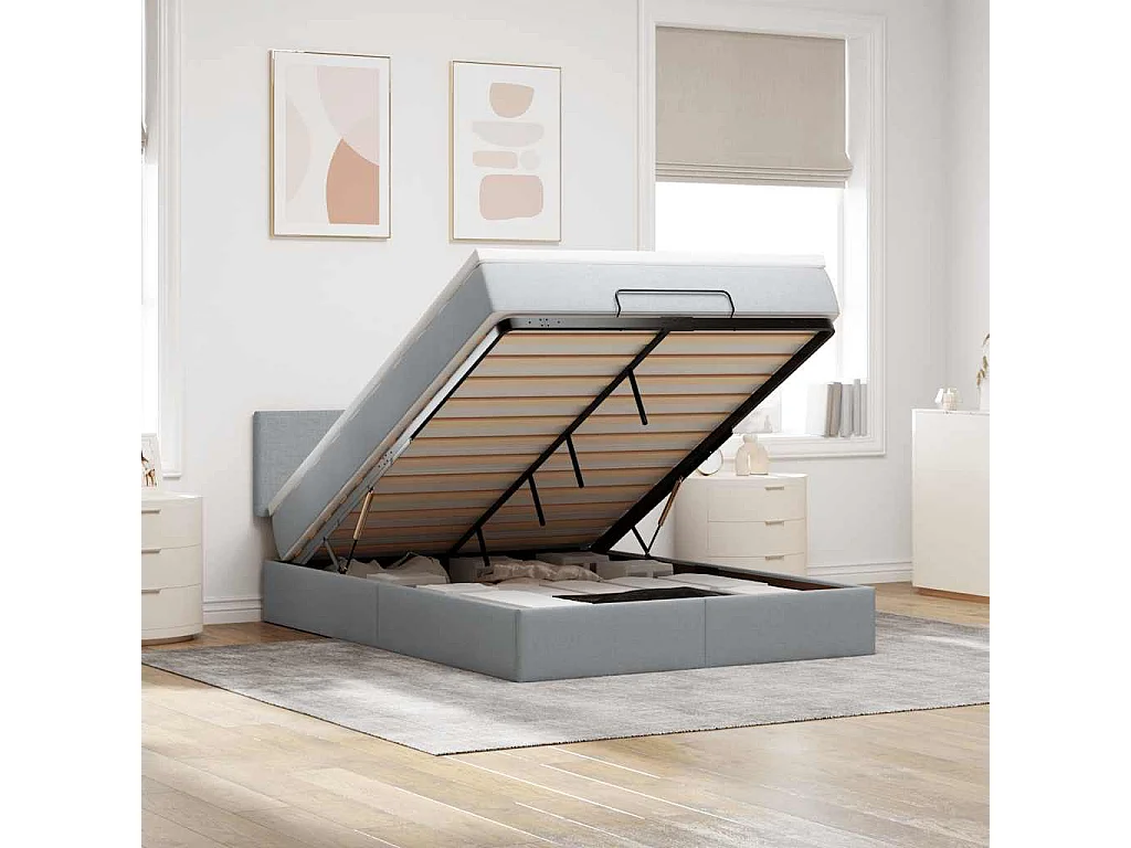 Cadre de lit ottoman et matelas gris clair 140x200 cm tissu