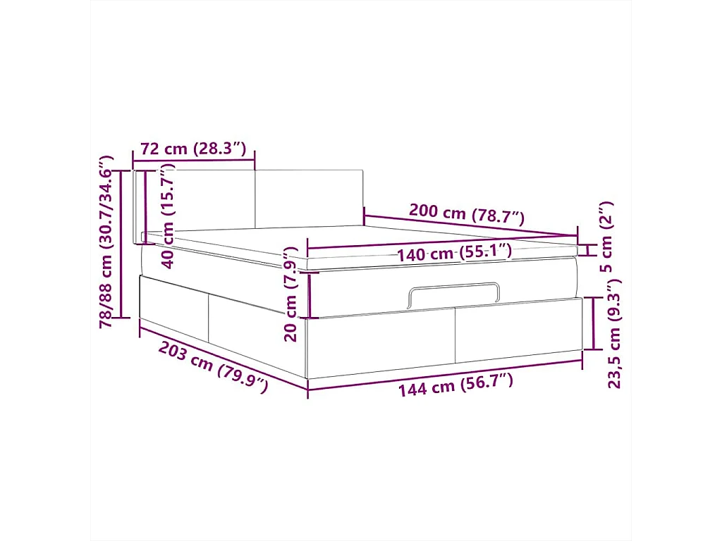 Cadre de lit ottoman et matelas gris clair 140x200 cm tissu