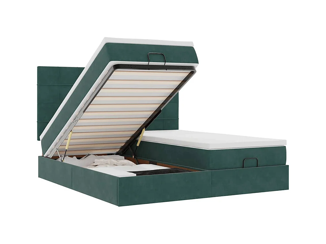 Estructura de cama otomana colchones terciopelo verde oscuro