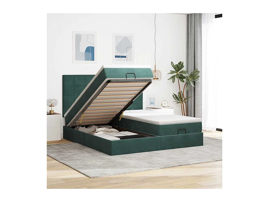 Cadre de lit ottoman avec matelas vert foncé 180x200cm velours