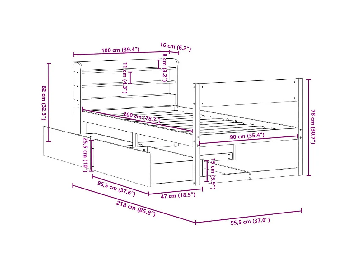 Cadre de lit sans matelas blanc 90x200 cm bois de pin massif